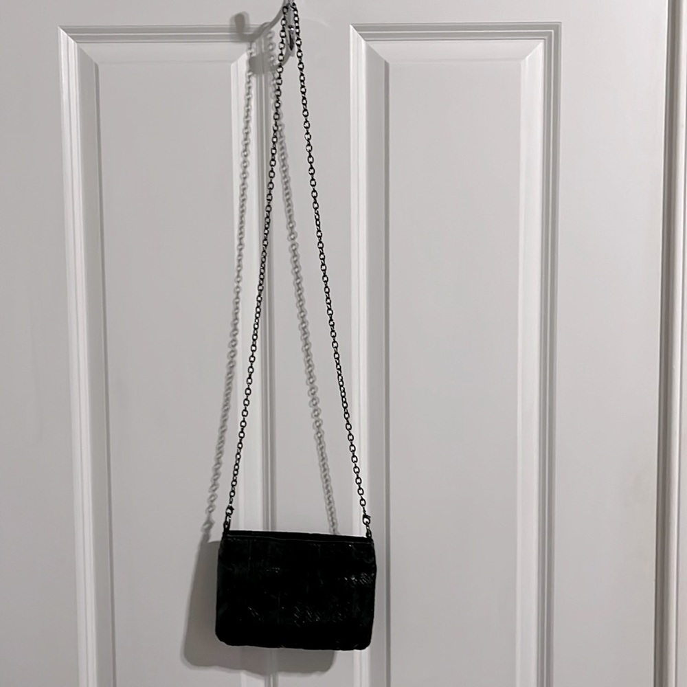 Black, shiny, faux snake skin evening bag
